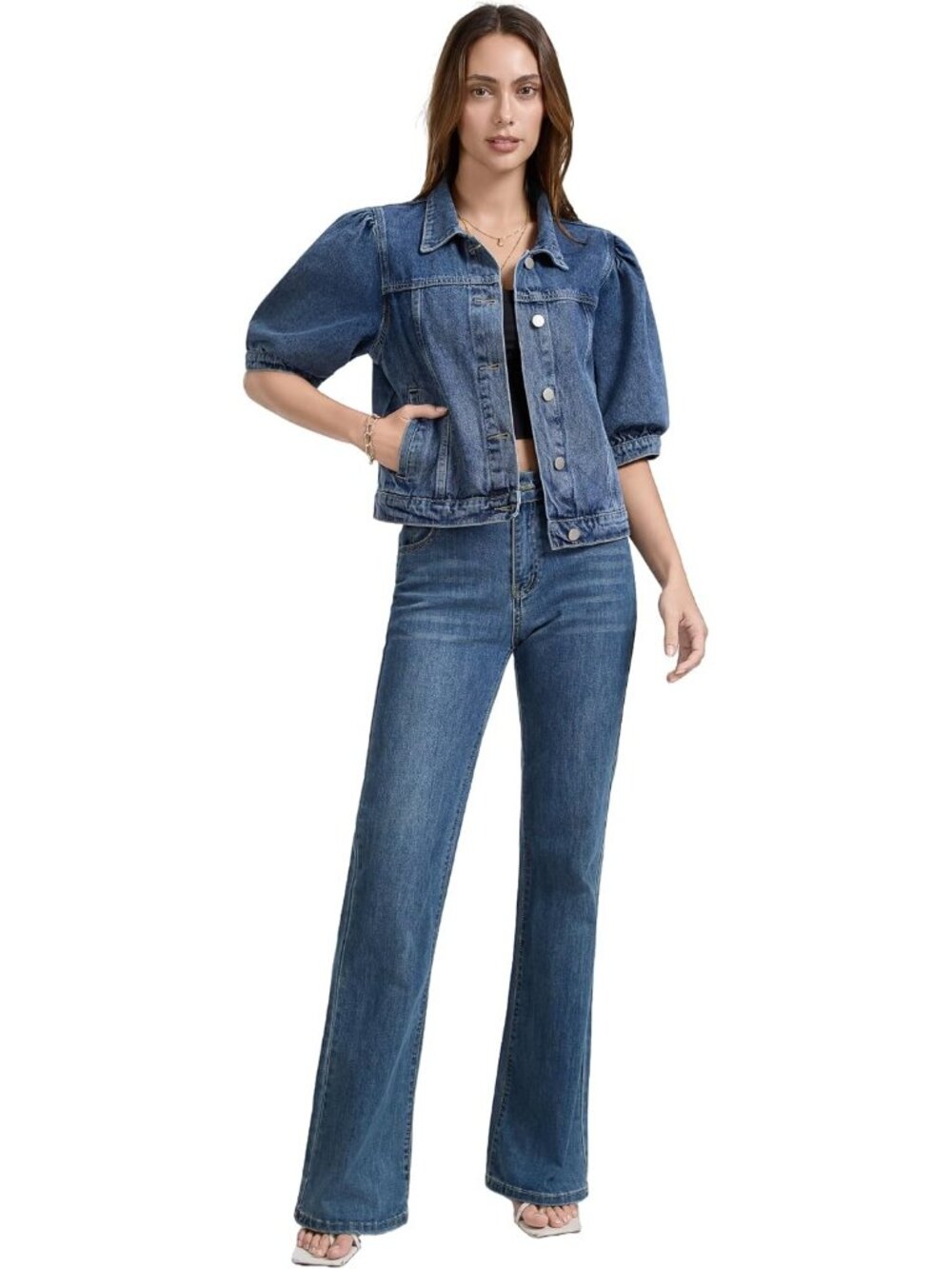 Women's Grey Blue Cropped Short Puff Sleeve Trendy Denim Jackets with Pockets - Picture 5 of 5